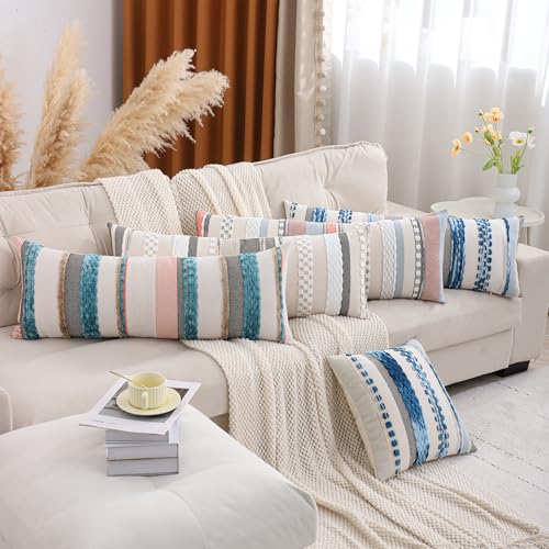 Boho Lumbar Throw Pillow Cover 14x36 Sky Blue | 1 Piece,Durable Fabric,Stripe Pillow Cover,Farmhouse Cushion Case,Chenille Pillow Case,Neutral Pillowcase for Sofa Couch Bed - color: Sky Blue Stripe, size: 36" x 14" (Pack of 1)