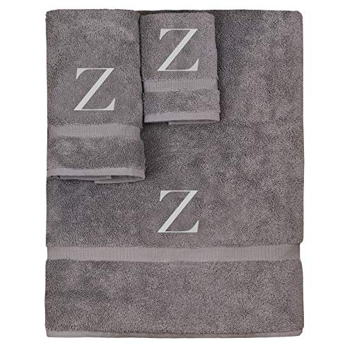 Monogrammed Towel Set, Personalized Gift, Set of 3- Silver Block Letter Embroidered Towel - Extra Absorbent 100% Turkish Cotton - Soft Terry Finish - Initial Z Gray - color: Gray & Silver, size: Initial - Z