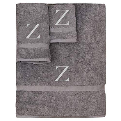 Monogrammed Towel Set, Personalized Gift, Set of 3- Silver Block Letter Embroidered Towel - Extra Absorbent 100% Turkish Cotton - Soft Terry Finish - Initial Z Gray - color: Gray & Silver, size: Initial - Z