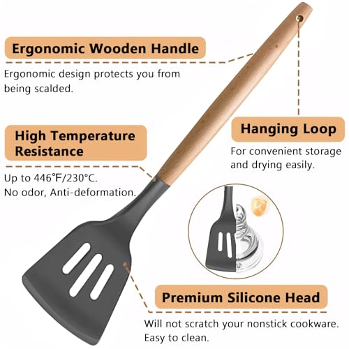 Silicone Cooking Utensils Set 5-Piece Non-Stick Kitchen Utensil Set, Wood Handle Heat Resistant Spatula Spoon Turner Soup Ladle Silicone Cooking Kitchen Gadgets BPA Free for Nonstick Cookware - color: Gray, size: Standard 5-Piece Set