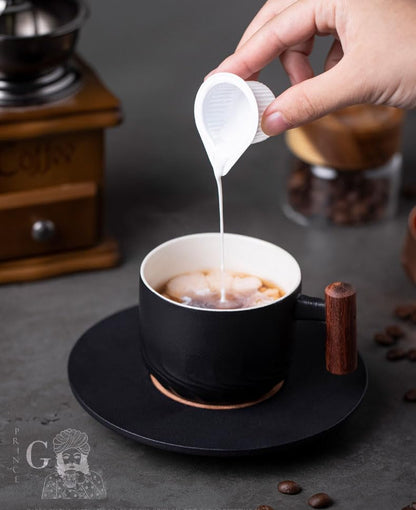PRINCE G Japanese Style Ceramic Mug with Matching Saucer – Handmade Espresso, Coffee, Tea & Matcha Cup, Ideal Gift Set with Handgrip (BLACK) - color: Black