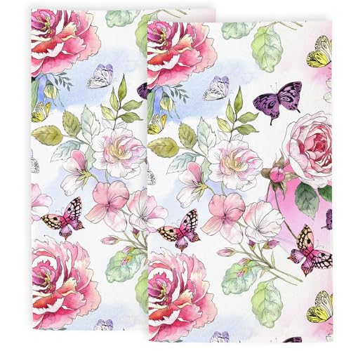 Watercolor Flower Butterfly Bathroom Hand Towels, Bath Hand Towel for Decorative Fingertip Towels Set of 2 for Home Bathroom Spa Hotel Gym 14"X28" - color: Peony and Rose