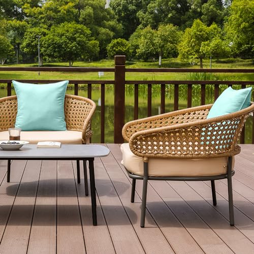 NiNi ALL Outdoor Waterproof Throw Pillow Covers Set of 2 Decorative Farmhouse Garden Pillowcase Solid Cushion Cases for Patio Tent Couch 18x18 inch Lake Blue | Faux Linen Decorative Solid Throw Pillow Covers Farmhouse for Garden Furniture Tent Balcony Cou