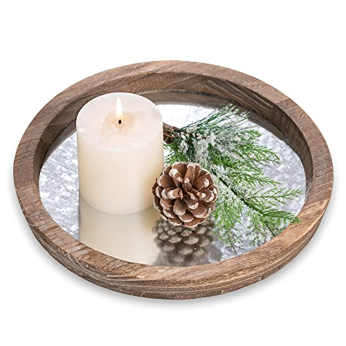 Hanobe Round Wood Decorative Tray: Rustic Wooden Tray for Coffee Table Farmhouse Centerpiece Mirror Candle Holder Vintage Mirrored Bar Plate Ottoman Topper for Home Decor Bathroom Kitchen | Safety When Lighting Candles, Paulownia Wood, Farmhouse Candle Ho