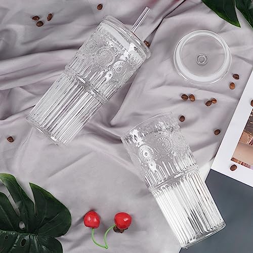 Bandesun All Glass Iced Coffee Cup With Lids and Straws，24 OZ High Borosilicate Glass Tumbler for Water Smoothie Juice Drinks - color: Clear