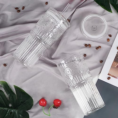 Bandesun All Glass Iced Coffee Cup With Lids and Straws，24 OZ High Borosilicate Glass Tumbler for Water Smoothie Juice Drinks - color: Clear