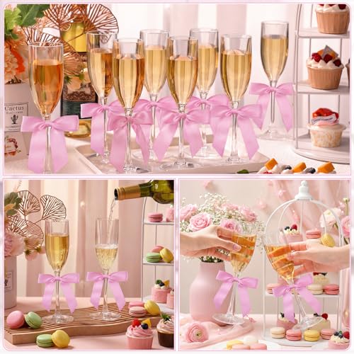 Zopeal Plastic Reusable Champagne Flute Glasses 6 oz and 50 Pcs Bow Set Acrylic Wedding Toasting Goblet 3.5" Bow Unbreakable Wine Cup for Bachelorette Bridal Shower Party(Clear and Pink) - color: Clear and Pink