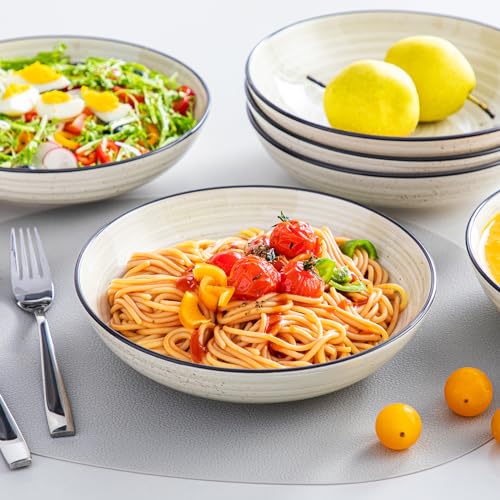vancasso Bonbon Pasta Bowls Set of 6, 38 Oz Ceramic Salad Bowls, Wide and Shallow Bowls Set, Large Serving Bowls for Kitchen, Beige - color: Beige, size: 38 Oz