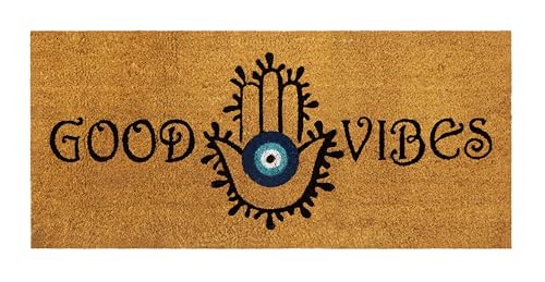 Croft&Cane Coir Doormat - Good Vibes Evil Eye 17x39 Extra Wide Door Mat | Natural Coco Coir Doormat - Low Profile Non-Slip Heavy-Duty Vinyl Back Indoor Outdoor Mat - Wide Doorway Large Entryway Rug - color: Good Vibes Evil Eye, size: 1'5" x 3'3" (Rectangu