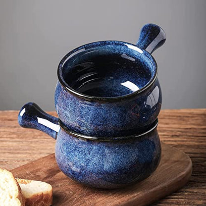 vicrays French Onion Soup Bowls With Handles, 26 Ounce for Soup, Chili, Beef Stew, Chip Resistant, Dishwasher Microwave Safe, Set of 4 (Blue) - color: Blue