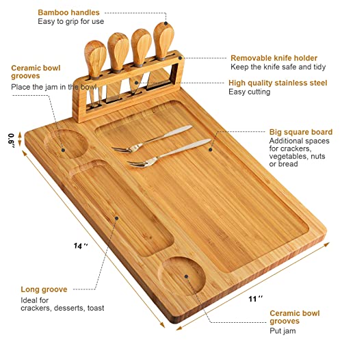 Bamboo Charcuterie Board Set with 4 Cheese Knives, Serving Platter | 4 stainless steel knives, cutting board. Ideal for parties, weddings, wine night, housewarming. - size: 14" x 11" x 0.6"