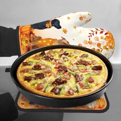 Giwawa Fall Dogs Oven Mitt Potholders Sets Autumn Leaves Heat Resistant Oven Glove Set of 2 Holiday Kitchen Hot Pads for Cooking Baking Grilling - color: Fall Dogs