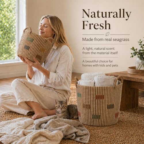 Natural Seagrass Storage Baskets Set of 3 with Handles, Handwoven Decorative Nesting Bins for Blankets, Towels, Toys, Closet, Living Room