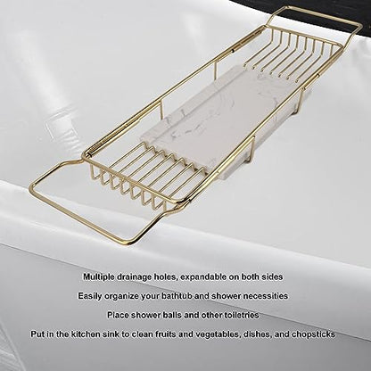 Marhynchus Metal Marble Bathtub Rack, Bathtub Caddy Tray Stainless Steel Shower Caddy Tray with Extending Sides, Bathroom Trays (Gold White) - size: Gold White