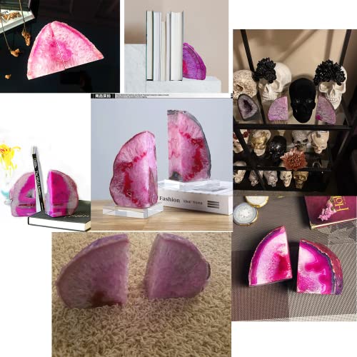 JIC Gem Pink Agate Geode Bookends Anti-Slip Rubber Bumpers 1 Pair 2-3 Lbs | Small Polished Dyed Pink Brazilian Agate Geode Bookends small Anti-Slip Crytal Holders for Bookshelf Desktop Home Office - color: Pink Dyed, size: 2-3LBS.