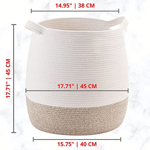 Large 17 x 17 Inches Decorative Woven Cotton Rope Blanket Basket for Living Room, Laundry Basket Hamper, Storage Baskets with Handles for Toys, Throws, Pillows, Towels, Shoes, Brown