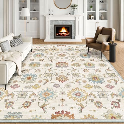BLISSA Washable 6x9 Rug for Bedroom Boho Cream Multi Oushak Print Area Rug | Soft Oriental Living Room Carpet Distressed Non-Slip Ultra-Thin Floor Rugs for Dining Room Nursery Playroom Home Office - color: Oushak - Cream Multi, size: 6' x 9' (Rectangular)
