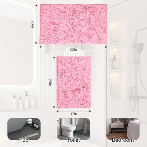 Bathroom Rugs Sets 2 Piece Washable, Luxury ，Chenille Bath Mat Set, Soft Plush Anti-Slip Rectangular Bath， Rug Super Absorbent. (Pink, 32"x20"+24"x16") - color: Pink, size: 32"x20"+24"x16