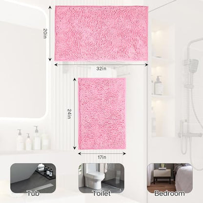 Bathroom Rugs Sets 2 Piece Washable, Luxury ，Chenille Bath Mat Set, Soft Plush Anti-Slip Rectangular Bath， Rug Super Absorbent. (Pink, 32"x20"+24"x16") - color: Pink, size: 32"x20"+24"x16