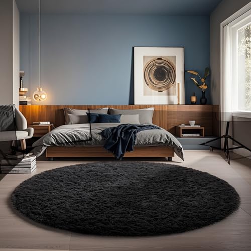 Ophanie Round Rug 5Ft Black Circle Area Rug, Room Decor for Men, Fluffy Fuzzy Bedroom Carpet, Plush Soft Shaggy Living Room Rugs for Kids Home Aesthetic, Nursery with Over 99 pcs Pile fibers - color: 3- Black, size: 5' (Round)
