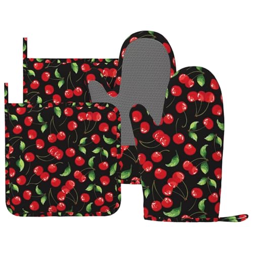 Watercolor Cherries Oven Mitts and Pot Holders Sets Silicone Cherry Fruit Pattern Kitchen Oven Mitts Hot Pads Heat Resistant Potholders Kitchen Mitts Set for Baking BBQ Cooking - color: Black Red
