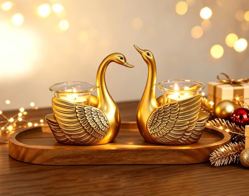 2 Pack Swans Tealight Candle Holder Statue, Gifts for Women Her Wife Mom | with Flameless Candle, Decorative Votive Candle Holders for Home Decor Living Room, Wedding Gifts, Anniversary Birthday Gifts
