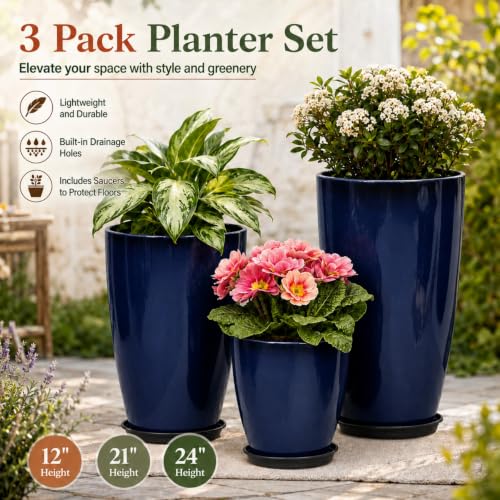 Neoaider Set of 3 Tall Planter, 24/21/12in Large Plastic Planter, Blue | Ceramic-Look, Lightweight, Built-in Drain Hole, Saucers, Tall Outdoor Planter for Porch, Garden, Patio, Balcony - color: Blue