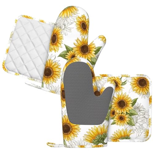 Yellow Sunflower Oven Mitts Pot Holders Set Silicone Heat Resistant Sunflowers Oven Mitts and Hot Pads Yellow Flowers Potholders Non-Slip Oven Gloves for Cooking Baking Grilling BBQ - color: Yellow