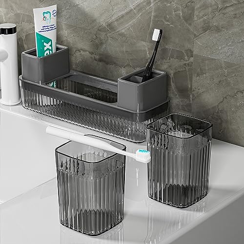Toothbrush Holder for Bathrooms, 2 Cups Toothbrush Organizer for Bathroom Countertop, Toothbrush Holder Toothbrush Storage for Shower, Tooth Brushing Holder Cup Tray and Toothpaste Caddy Black