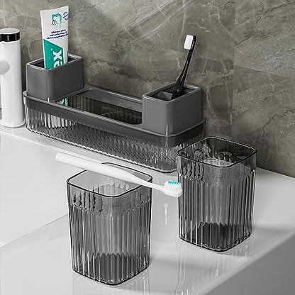 Toothbrush Holder for Bathrooms, 2 Cups Toothbrush Organizer for Bathroom Countertop, Toothbrush Holder Toothbrush Storage for Shower, Tooth Brushing Holder Cup Tray and Toothpaste Caddy Black
