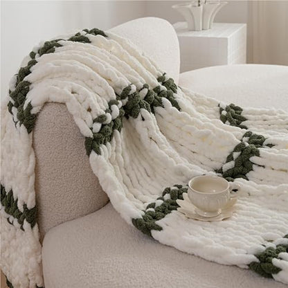 Chunky Knit Blanket Throw for Couch 50"×60" Olive Green and White | 100% Handmade Knitted Throw Blanket Fluffy Soft Blanket with Jumbo Chenille Yarn Thick - color: Olive Green and White, size: 50"*60"