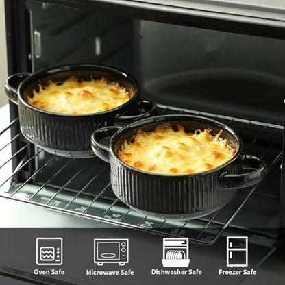 Soup Bowls with Handles, 23 oz French Onion Soup Crocks, Stackable Soup Bowl Oven Safe for Chili, Beef Stew, Embossment Ceramic Bowl Set - 5.4 Inch, Set of 4,Black - color: Black