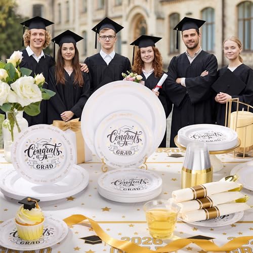 350 Piece Graduation Gold Plastic Dinnerware Set for 50 Guests | Disposable Dinnerware Includes: 50 Dinner Plates, 50 Dessert Plates, 50 Cups, 50 Pre Rolled Napkins with Silverware - color: White, style: 350 Piece (50 guests)