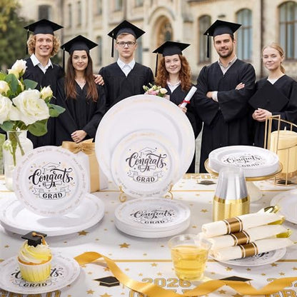 350 Piece Graduation Gold Plastic Dinnerware Set for 50 Guests | Disposable Dinnerware Includes: 50 Dinner Plates, 50 Dessert Plates, 50 Cups, 50 Pre Rolled Napkins with Silverware - color: White, style: 350 Piece (50 guests)