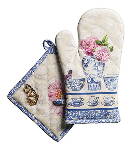 Maison d' Hermine Canton Bundle Set 100% Cotton Set of 3 Kitchen Towels (20 Inch by 27.5 Inch) and Oven Mitt (7.5 Inch by 13 Inch)/Pot Holder (8 Inch by 8 Inch)