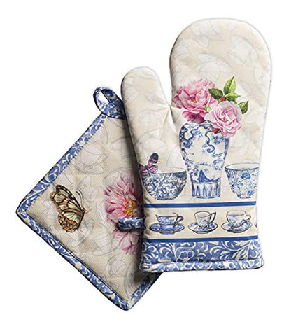 Maison d' Hermine Canton Bundle Set 100% Cotton Set of 3 Kitchen Towels (20 Inch by 27.5 Inch) and Oven Mitt (7.5 Inch by 13 Inch)/Pot Holder (8 Inch by 8 Inch)