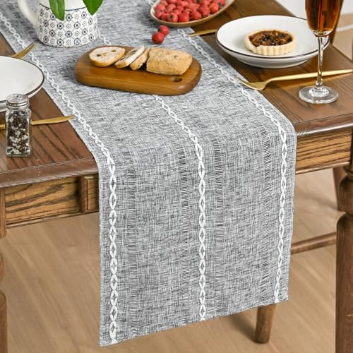 Artoid Mode Dark Grey Rustic Cotton Linen Table Runner, Seasonal Embroidered Hollow Kitchen Dining Table Decoration for Home Party Decor 13x60 Inch - color: Dark Grey, size: 13" x 60"