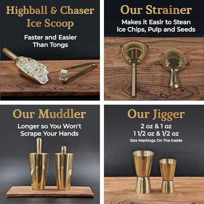 Highball & Chaser Bartender Kit with Black Bamboo Stand Beautiful Cocktail Shaker Set and Bar Tools Stainless Steel Boston Shaker Bartender Kit with Stand (Antique Gold) - color: Antique Gold