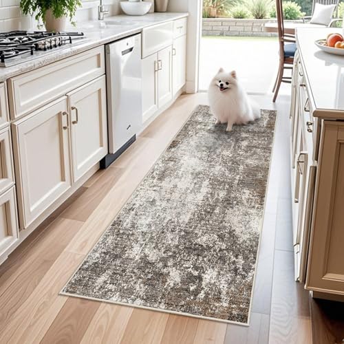 2x6 Runner Rug Non-Slip Washable for Kitchen Hallway - Modern Abstract Neutral Carpet Runner for Bedroom Bedside Laundry Room Entryway – Soft Low-Pile Stain-Resistant (Brown Beige, 2x6) - color: Brown Beige, size: 2' x 6' (Rectangular)