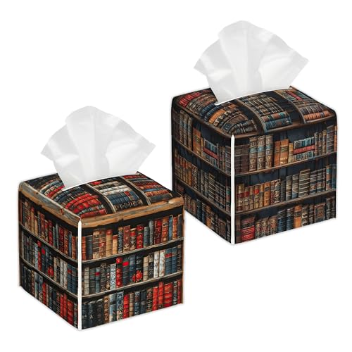 Vintage Books 2 Pcs Tissue Box Holder Square Tissue Box Cover Facial Cube Napkin Organizer Dispenser for Bedroom Office Bathroom Decor - color: Vintage Books