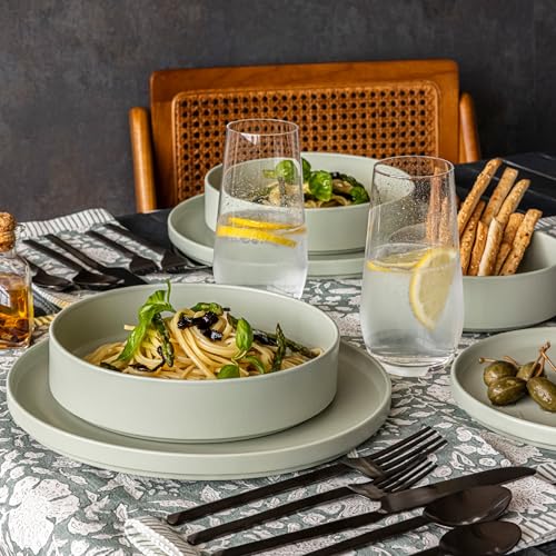 over&back 16-Piece Stackable Dinnerware Dish Set - Stoneware Dishes - Includes 4 Dinner Plates, 4 Salad Plates, 4 Cereal Bowls, and 4 Dinner Bowls - All-Occasion Place Settings - Semi-Matte Sage - color: Sage, size: Dinner Set | 16 Pieces