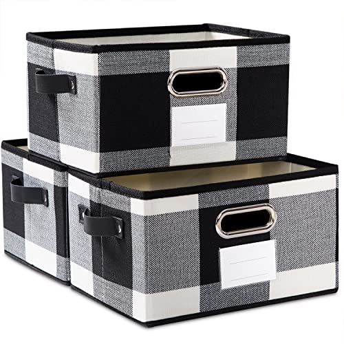 Large Collapsible Storage Baskets for Closet [3-pack] Decorative Fabric Storage Bins Cubes with Leather/Metal Handles for Shelves Bedroom Living Room Black and White Grid (14.9x9.8x8.3 Inch) - color: Black And Whint Grid, size: Large(3-Pack)