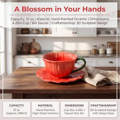 10 oz Tea Cups and Saucers, Hand-Painted Ceramic Flower-Shaped Coffee Cup | Saucer Set, Microwave & Dishwasher Safe, Elegant Floral Cup Set Gift for Women - color: Red