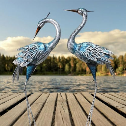 37-40Inch Outdoor Crane Garden Statues, Blue Heron Garden Statues | Large Metal Cranes for Yard, Lawn, Patio, Pond, Set of 2 - color: Blue
