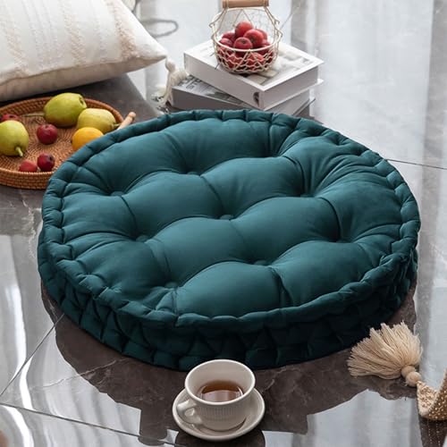 Round Floor Cushion 23.6 Inch Dutch Velvet Tufted Thick, Blue-Green | Thick 2.8-Inch Support for Meditation & Yoga, Portable Handle for Living Room Balcony Dorm Tatami Reading Nook - color: Blue-green