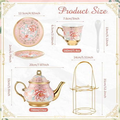 Zhehao 20 Pcs Porcelain Tea Set with Metal Holder and Spoon Adult Ceramic Tea Set European Flower Painting Teapot Cup Saucer Spoon for Women Mom Gift, Large Version (Pink Style) - color: Pink Style
