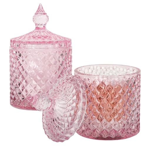 2 Pack Qtip Holder Apothecary Jars with Lid, Thick Glass, Pink | Bathroom Canisters Storage Organizer for Cotton Swabs, Balls, Pads, Floss Picks, Candy, Jewelry, Bathroom Decor - color: Pink, size: 10 oz (2 pack)