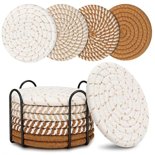 Coasters for Drinks, Coasters Set of 4 - Color, 8 Pack Coaster Set, Boho Coaster with Holder, Coffee Table Decor, Living Room Decor, Kitchen Table Decor - color: Brown