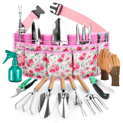 Gardening Tools 10-Piece Garden Tool Set, Rust Resistant, Pink | Steel hand kit with organizer belt for outdoor planting, Garden care and gardening gifts for women, Includes garden tool sets