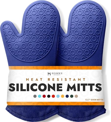 BPA-Free Soft Silicone Oven Mitts - Ultra Heat Resistant Oven Mitts with Thick Cotton Liner - Long Slip Resistant Pot Holders, Flexible Oven Gloves - Royal Blue 13.7" - color: Blue, size: 2-Piece 13.7" Oven Mitts